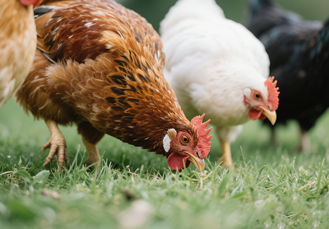 jimeng-2025-11-27-6033-特写镜头，几只彩色的鸡（棕色、白色、黑色）在草地上觅食，羽毛质感细腻，草地纹理清....png.jpg